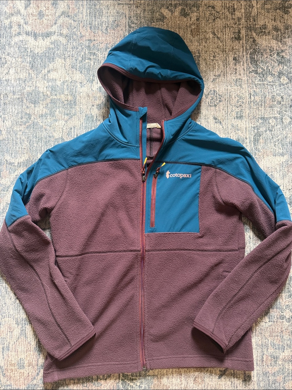 cotopaxi Teal and Plum Hooded Fleece Jacket